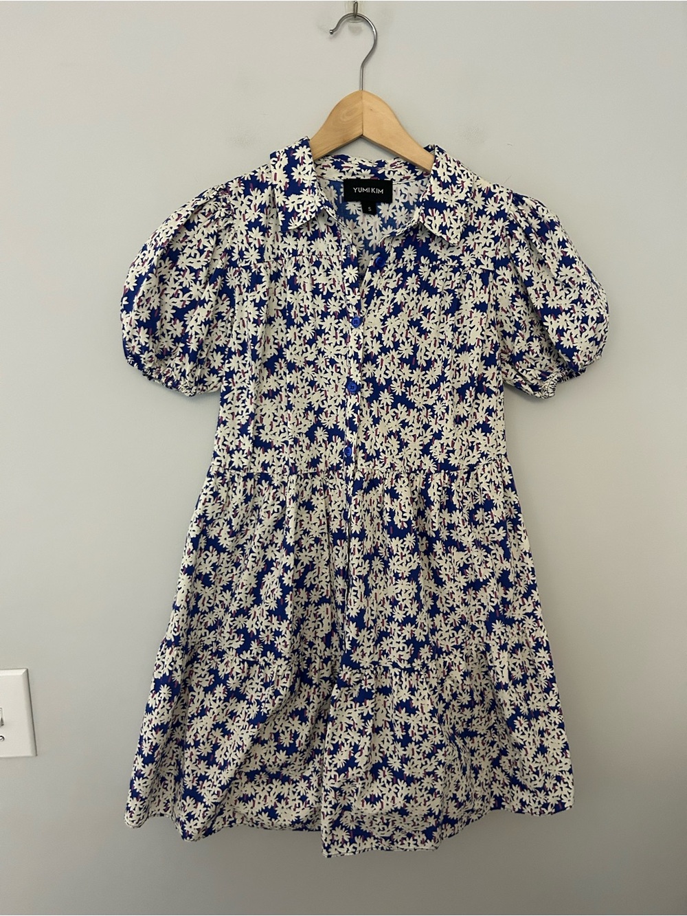 Yumi Kim Blue Floral Daisy Print Puff Sleeve Mini Dress Size Small